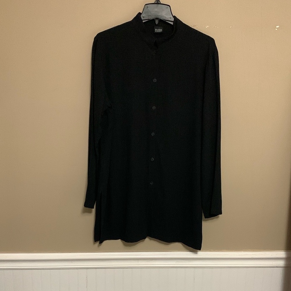 Eileen Fisher Women’s Long Sleeve Textured Button Up Black Tunic Medium Arty